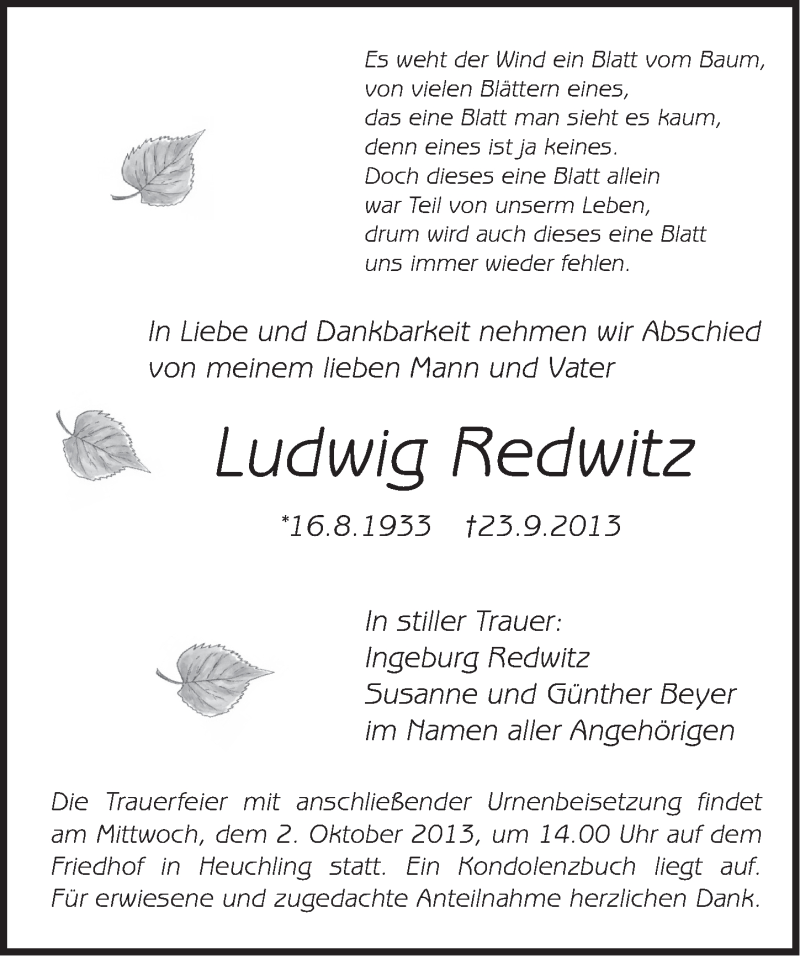 Traueranzeige für Ludwig Redwitz vom 28.09.2013 aus Pegnitz-Zeitung